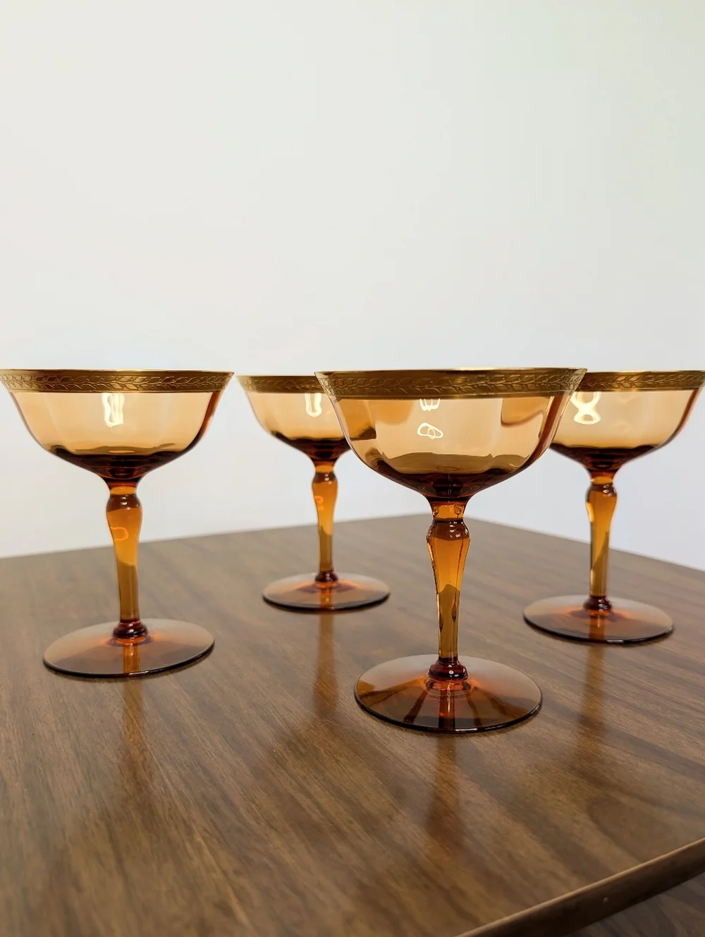 Vintage Amber Glass Gold Rim With Laurel Leaf Pattern Champagne Glasses Set Of 4